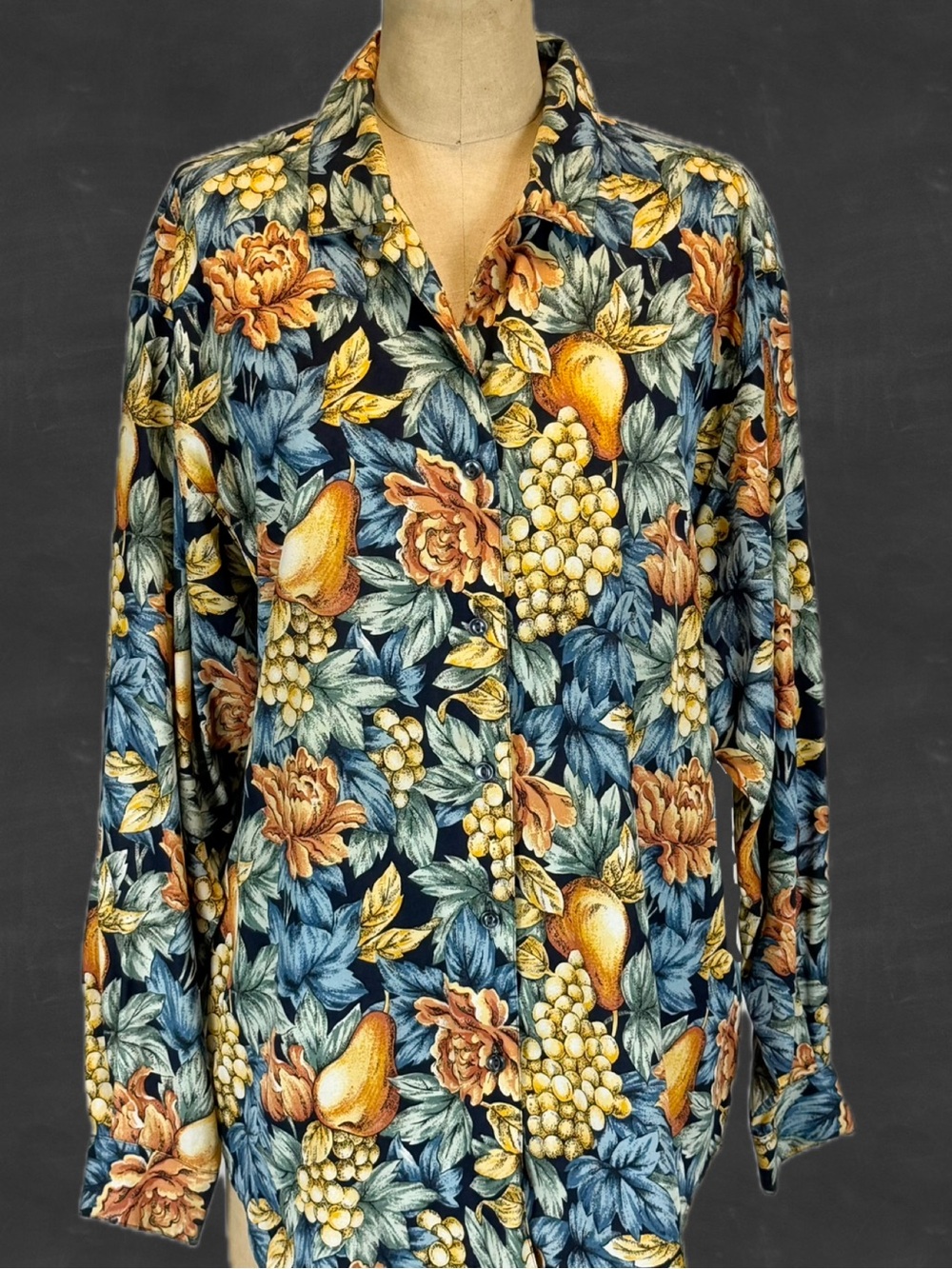 VINTAGE 90s fruit floral button down shirt moody dark pears grapes Dockers